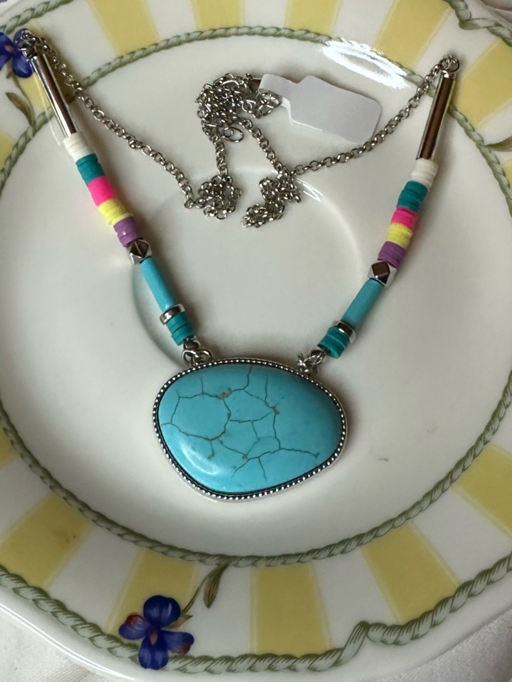 Turquoise Oval Stone Necklace with Multicolor Bead Accents